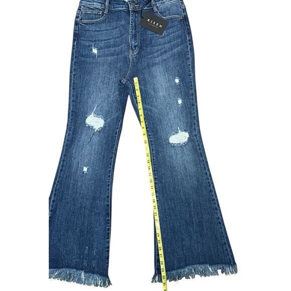 Risen Women Jeans RAW EDGE WAIST W FRAYED HEM FLARE Blue Distressed 32/15 NWT - Picture 9 of 16